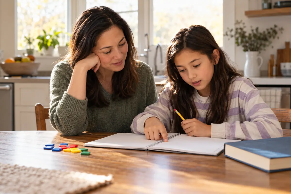 A parent listens while an upper-elementary child points to a notebook during a calm math study moment at a sunny kitchen table.