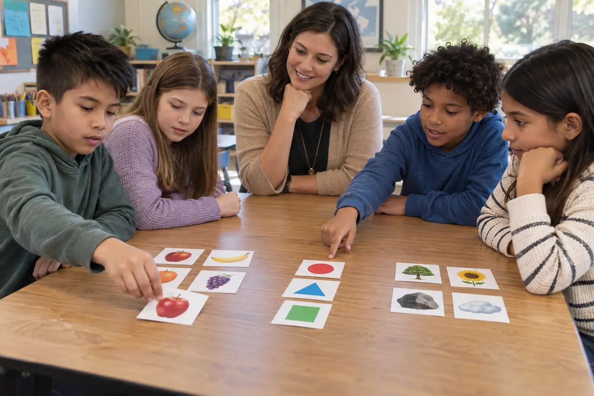A teacher watches four upper-elementary students sort picture and shape cards into three meaningful groups at a sunlit classroom table.
