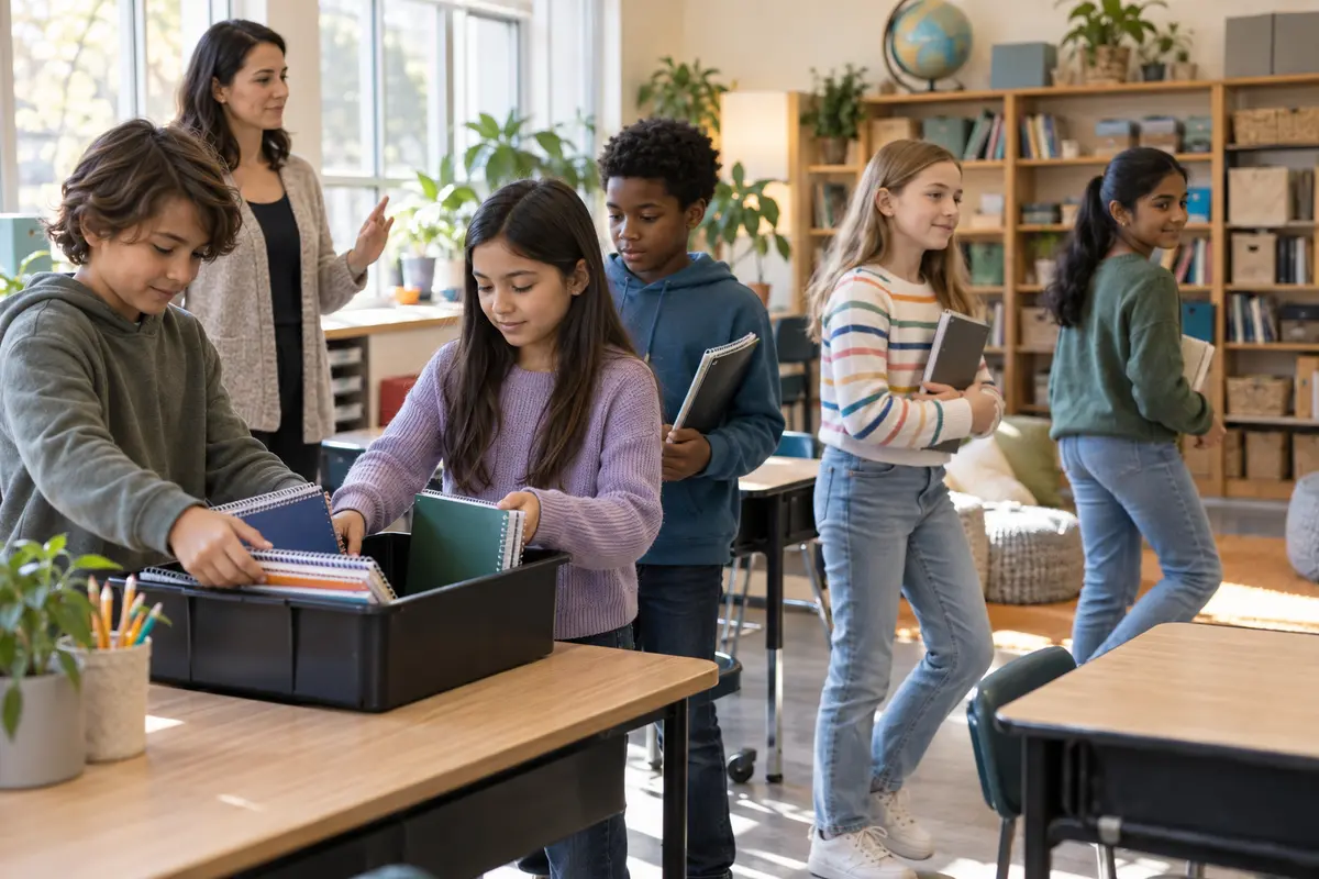 An elementary teacher gives a calm transition cue as students put away notebooks and move to their next classroom activity.
