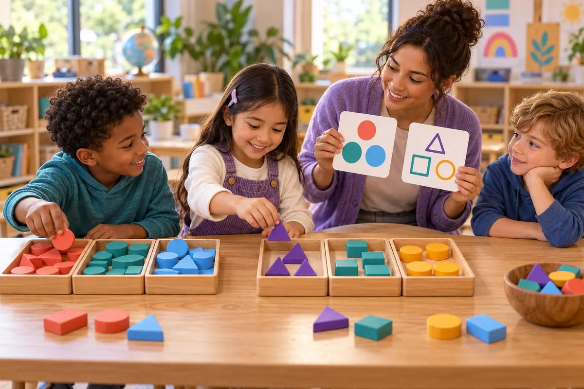 Three children resort colorful wooden pieces from color groups into shape groups as a teacher changes the picture rule cards.