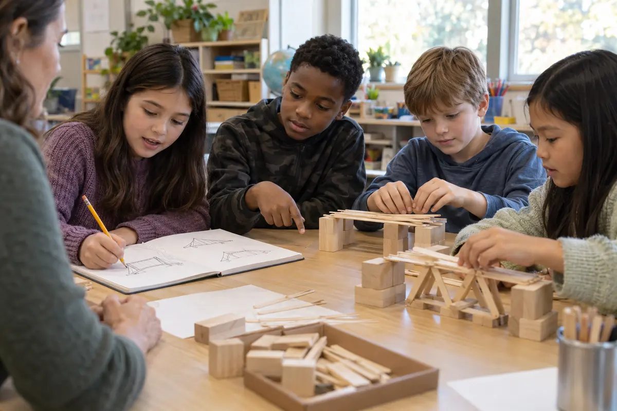Four elementary students compare sketches and two wooden bridge models during a collaborative classroom design challenge in natural window light.