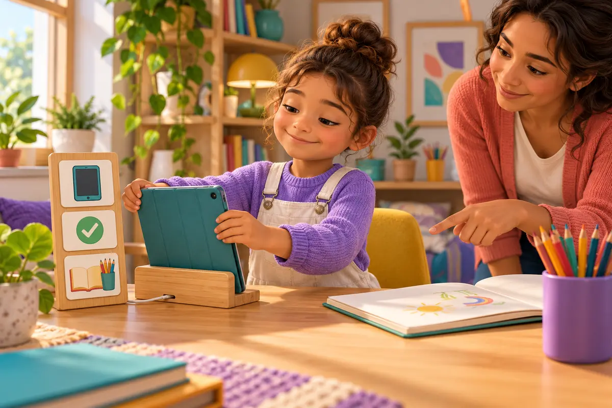 A child places a closed tablet on a charging stand beside a picture sequence for the next activity.