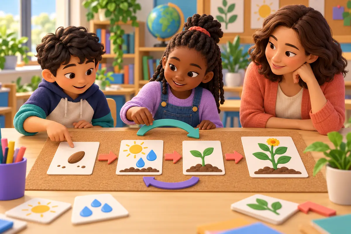 Two children connect seed, sunlight, water, sprout, and flower picture cards while a teacher listens.