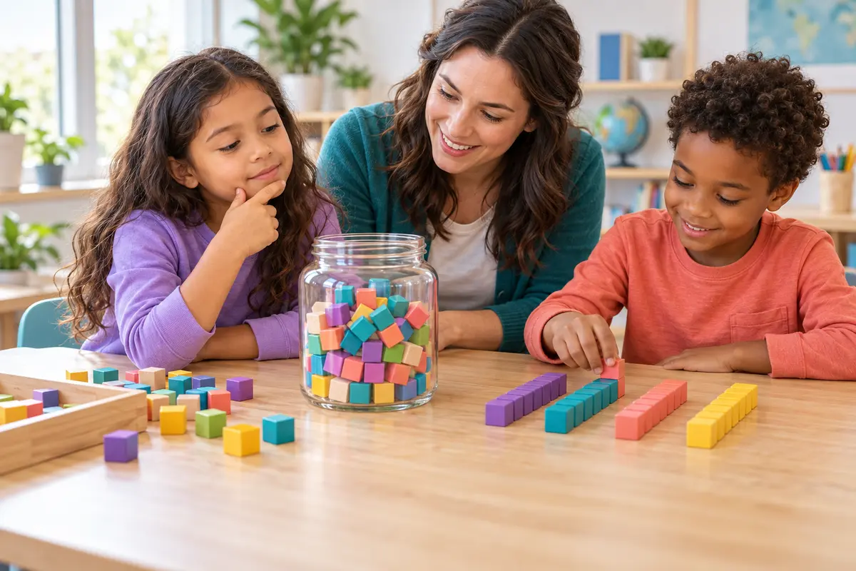 An educator and two children estimate the number of colorful counting cubes in a jar before arranging cubes into equal benchmark groups.