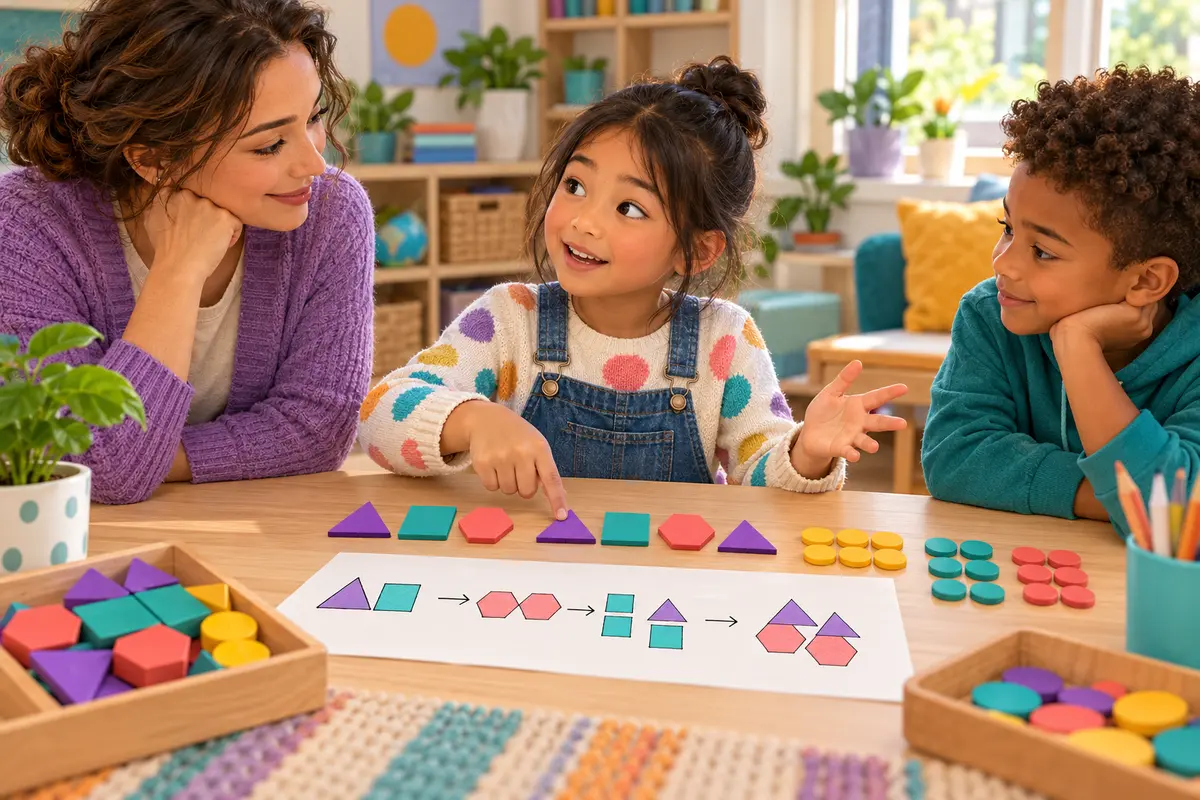 A child explains a pattern with colorful shapes while an educator and classmate listen.
