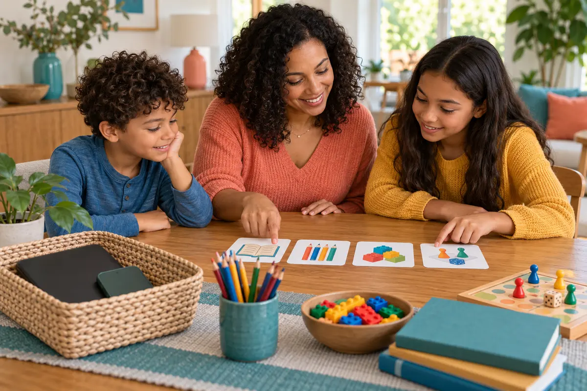 A parent and two school-age children choose books, art supplies, building pieces, and a board game while devices rest face down in a basket.