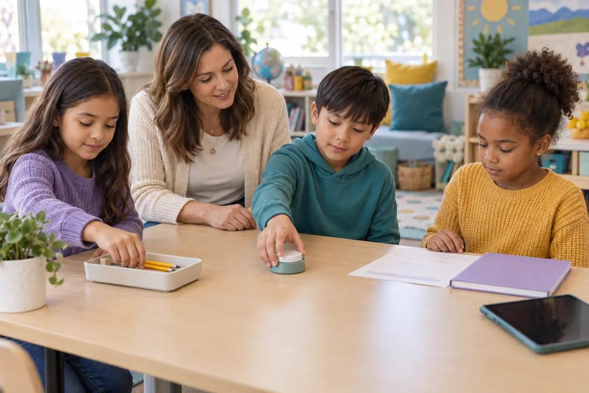 A teacher and three upper-elementary students organize pencils, one worksheet, a timer, and a dark-screen tablet on a calm classroom table.