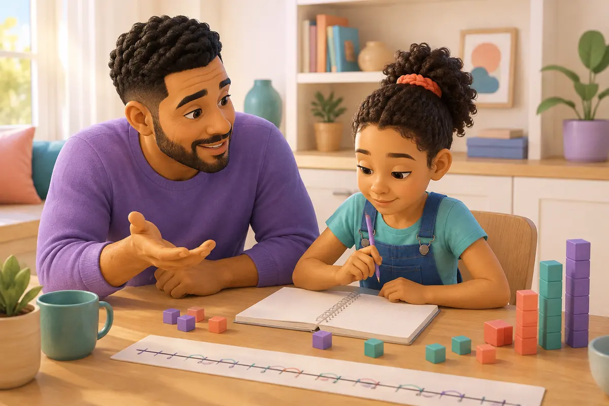 A parent encouraging a child who is working with a notebook, number line, and counting blocks.