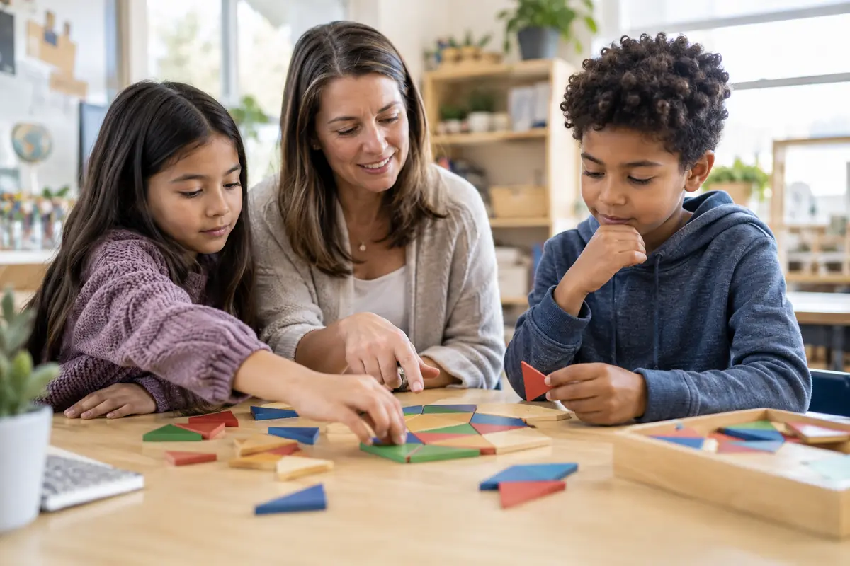 A teacher and two upper-elementary students calmly revise a geometric logic puzzle together at a table in a sunlit classroom.