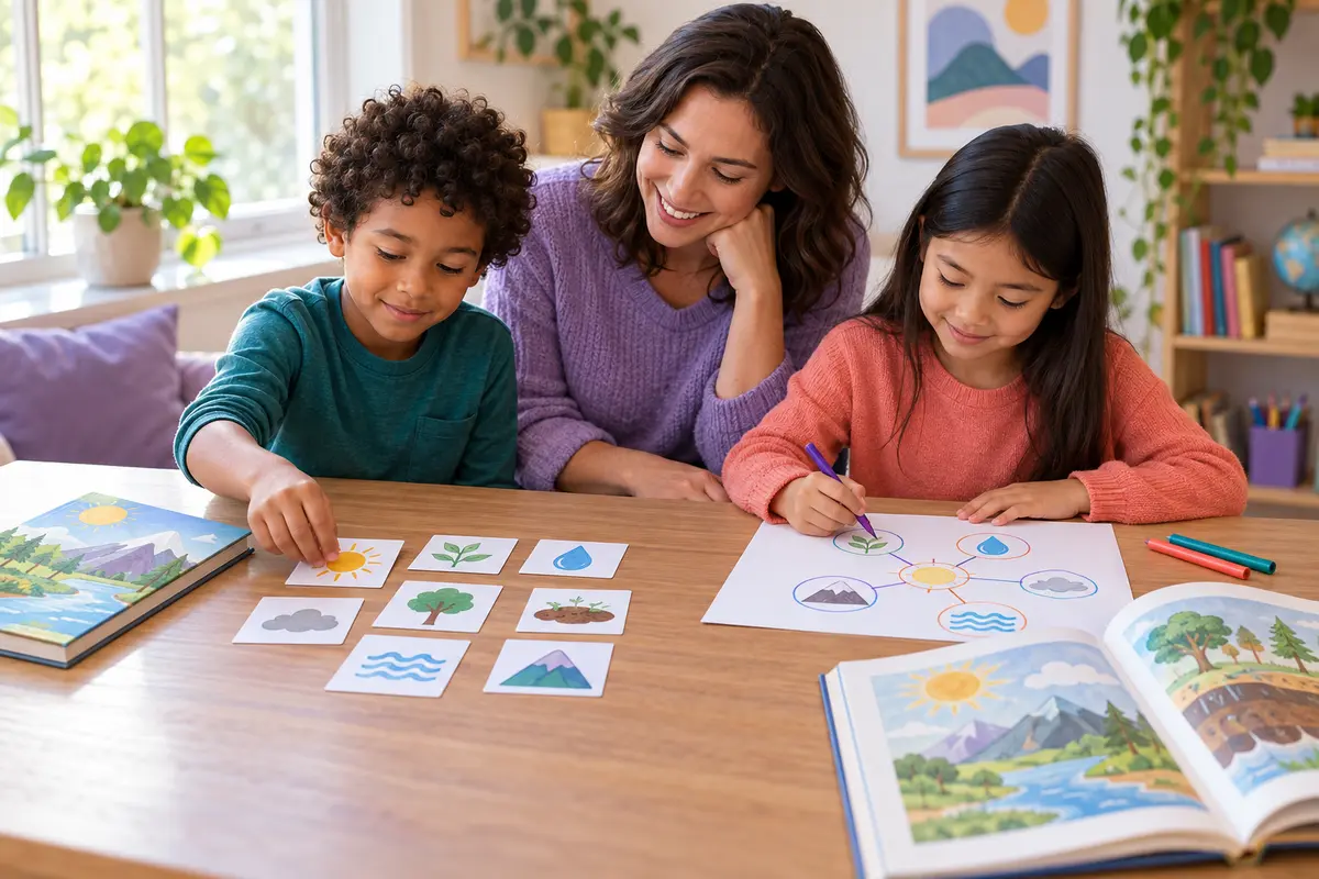 An educator and two children recall a nature lesson with illustrated cards and a concept map before checking an open reference book.
