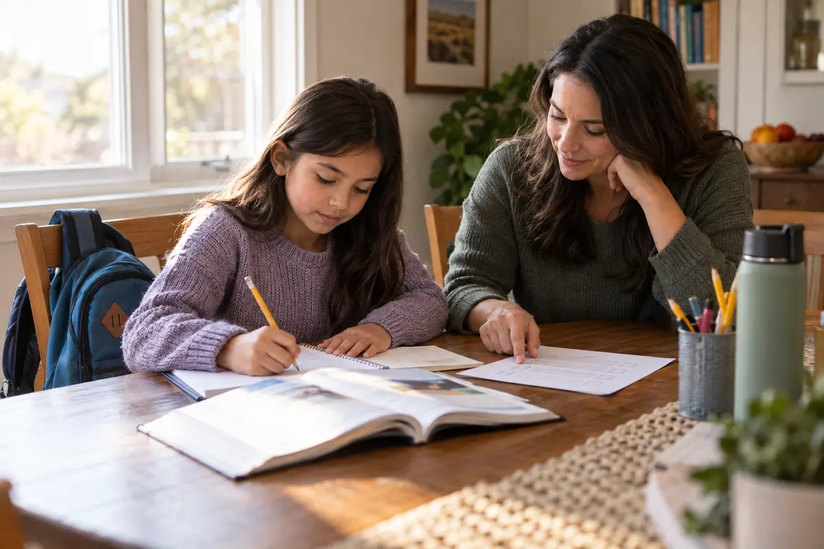A parent calmly points to a simple checklist while an upper-elementary student begins homework at a sunlit kitchen table.