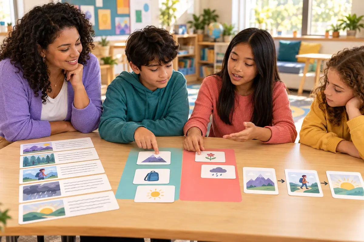 A teacher and three children sort illustrated reading cards into key ideas and arrange a short picture summary at a classroom table.