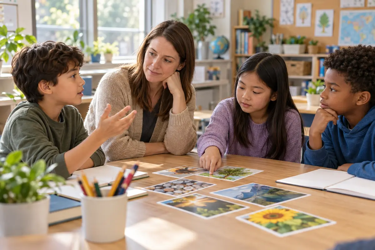 A teacher listens as three elementary-age students discuss picture cards together at a sunlit classroom table.