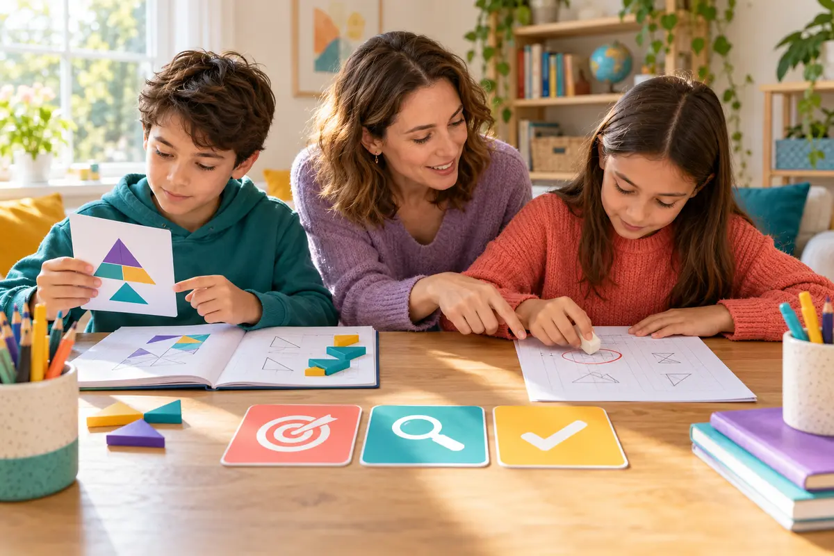 A parent and two school-age children use target, magnifying-glass, and check-mark cards while reviewing geometric learning work at home.