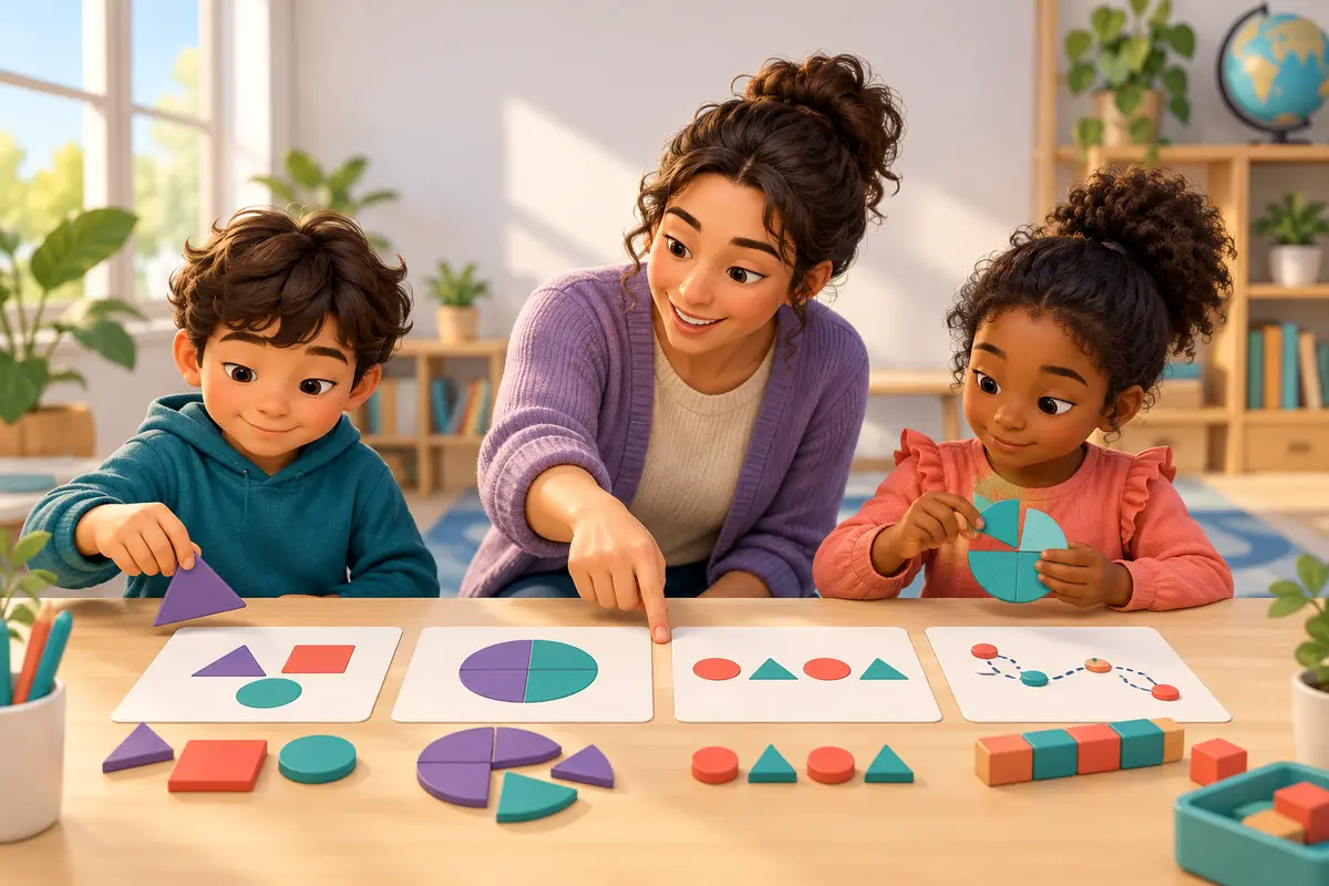 Two children use shape, fraction, pattern, and measurement cards in a mixed math practice activity with a teacher.