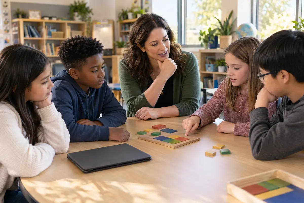 A teacher listens as four upper-elementary students reflect on decisions from a tabletop learning game in a sunlit classroom.