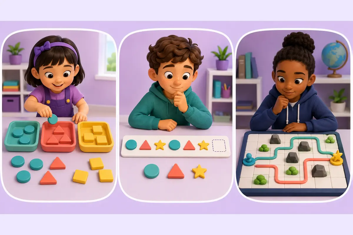 Three age-based logic examples: sorting shapes, completing a repeating pattern, and comparing routes around obstacles.
