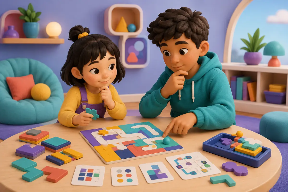 Two children collaborating on a colorful tabletop logic puzzle with paths, tiles, and clue cards.