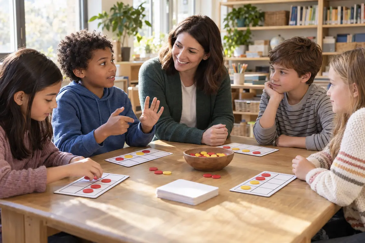An elementary teacher listens as four students explain math fact strategies with counters and ten-frame mats in a sunlit classroom.