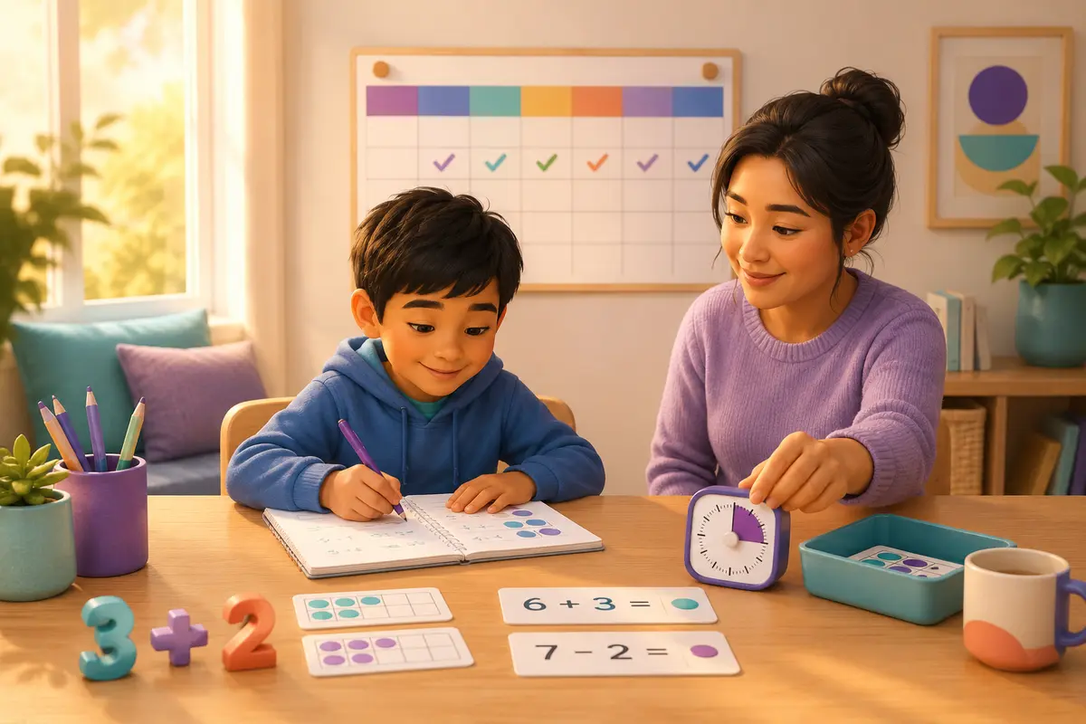 A parent using a small visual timer while a child completes a short math activity at home.
