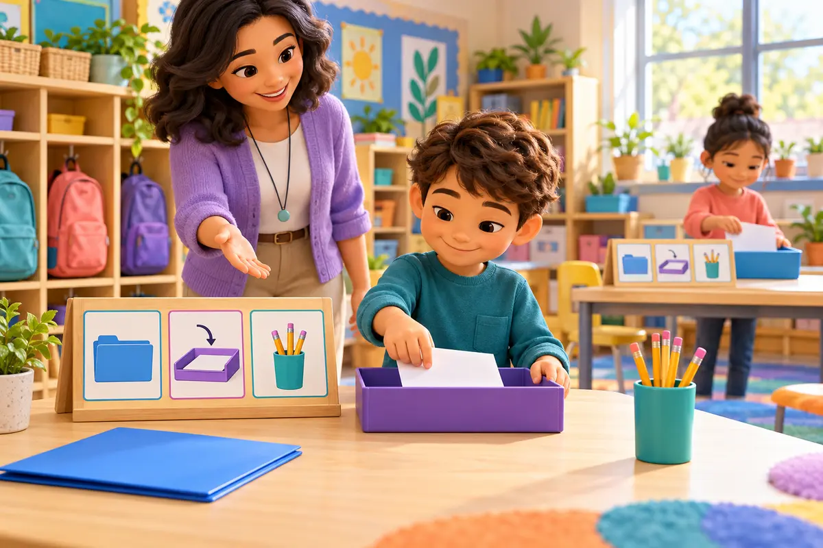 A child follows a three-picture classroom sequence by placing a paper in a tray while a teacher supports nearby.