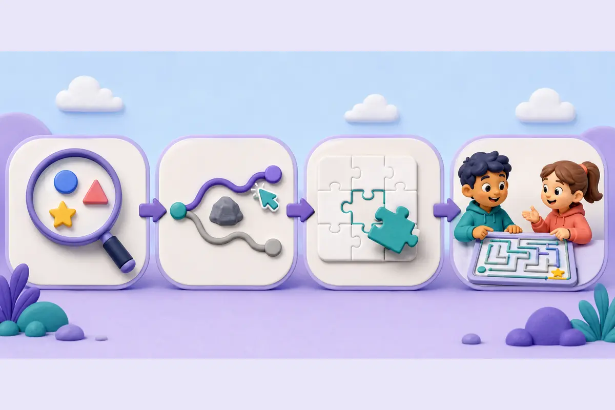 A four-part visual showing clues being examined, a route selected, a puzzle piece tested, and two children discussing a completed maze.