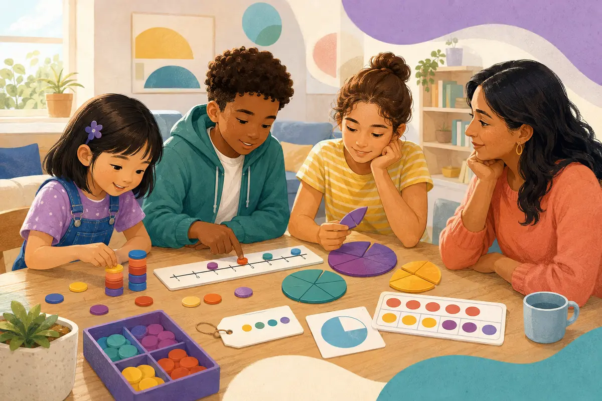 Children of different ages exploring counters, a number line, fraction pieces, and a ten-frame with an adult nearby.