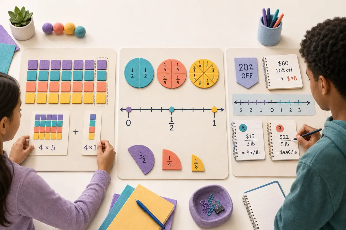 Learners using a four-by-six array, fraction benchmarks, an integer number line, a sale percentage, and unit-price comparisons.