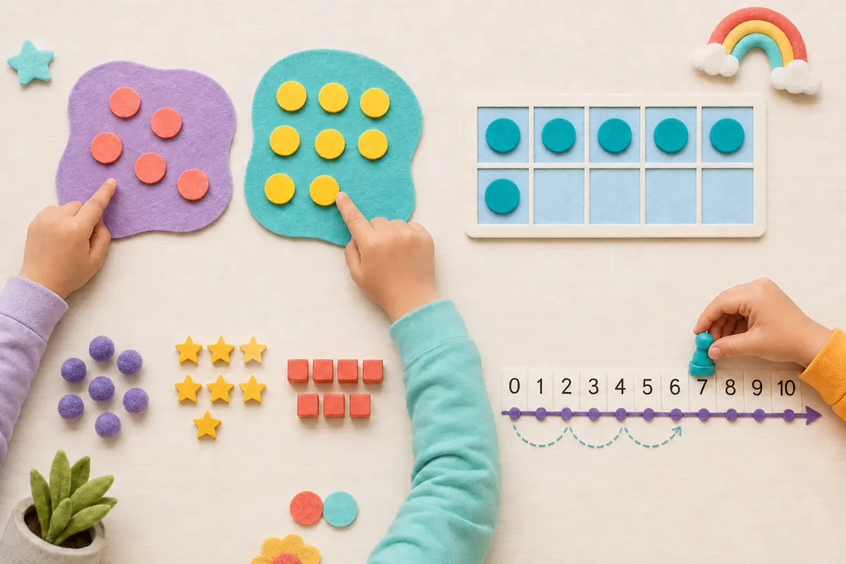 Hands comparing two groups, using a ten-frame with six counters, making seven in several ways, and moving on a zero-to-ten number line.