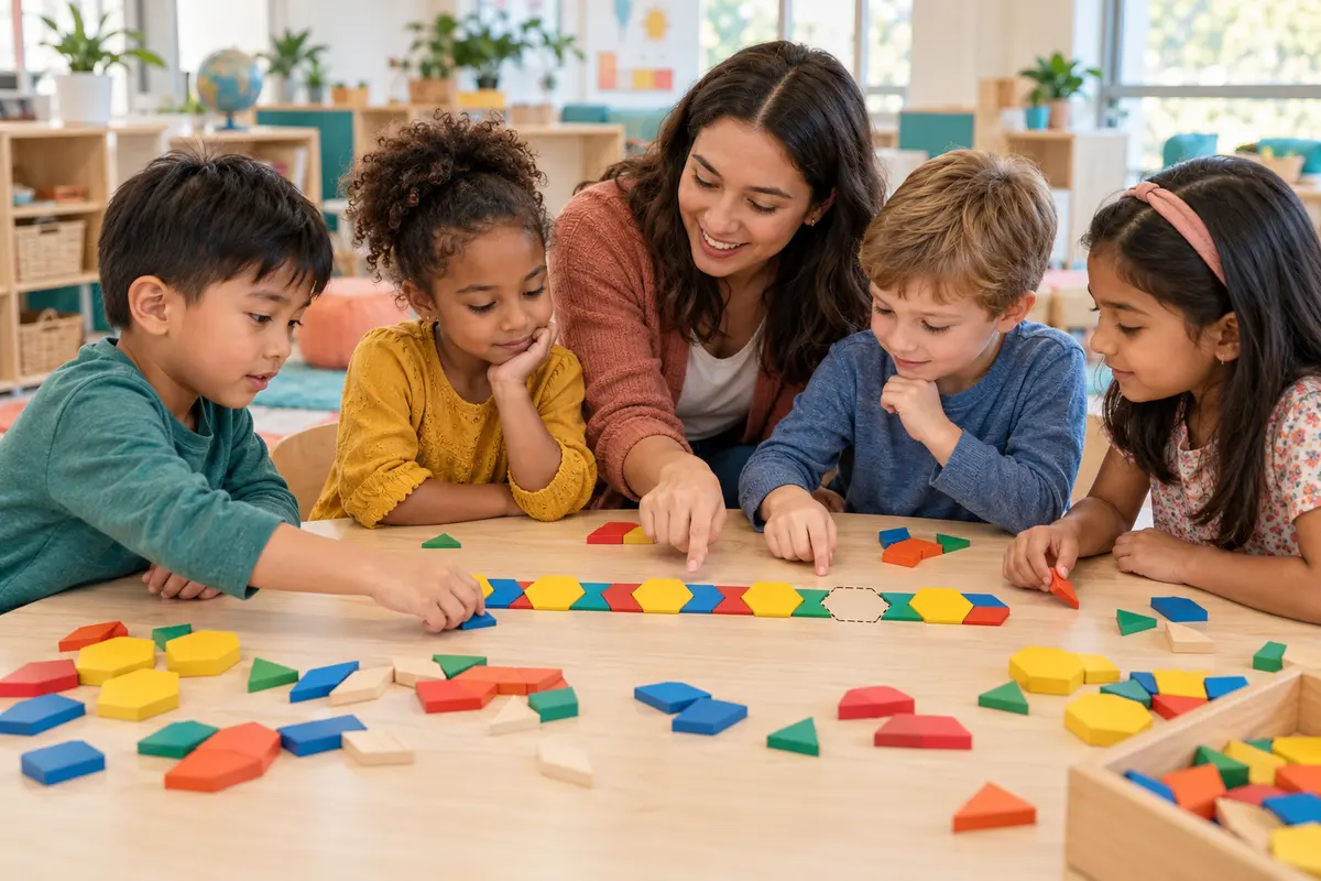 A teacher and four elementary-age children arrange colorful geometric tiles into a repeating pattern at a sunlit classroom table.