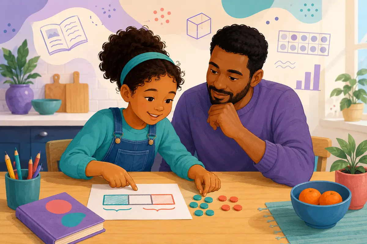 A child leads the solution of a math story problem by arranging counters and pointing to a bar model while a parent listens.