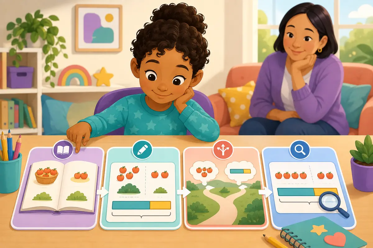 A child follows four visual stages: reading a story, drawing quantities, choosing a strategy, and checking the representation with a magnifying glass.