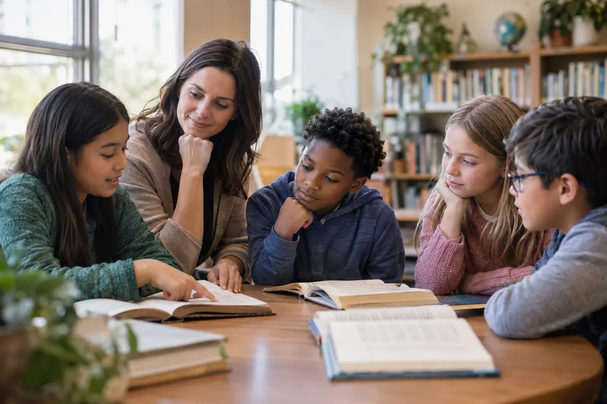 A teacher listens as four upper-elementary students discuss evidence from open books in a sunlit school library.