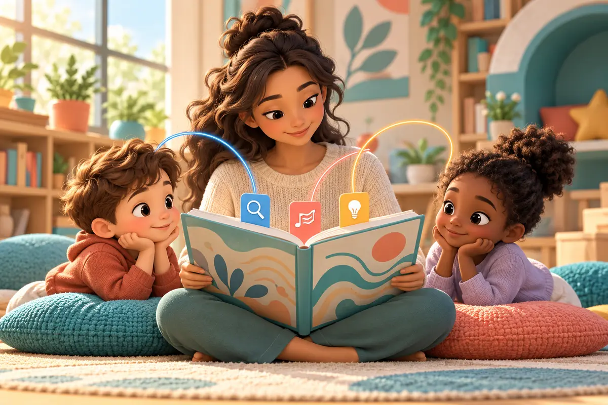 A teacher and two children share a book with icon bookmarks for accuracy, phrasing, and meaning.