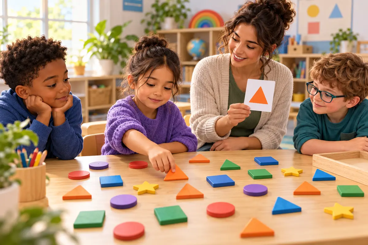 Three children search a tabletop of colorful wooden shapes for orange triangles while a teacher holds a matching target card.