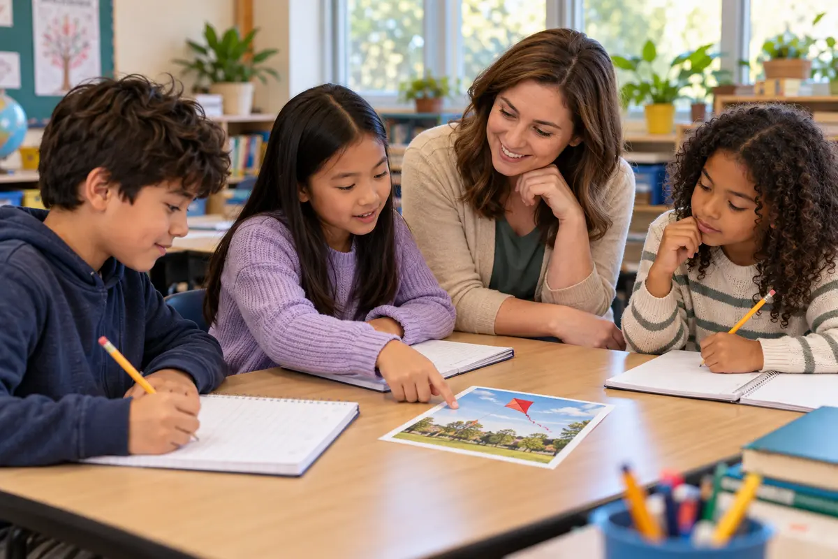 A teacher and three upper-elementary students use a red-kite picture prompt and notebooks during a sentence expansion activity in a sunlit classroom.