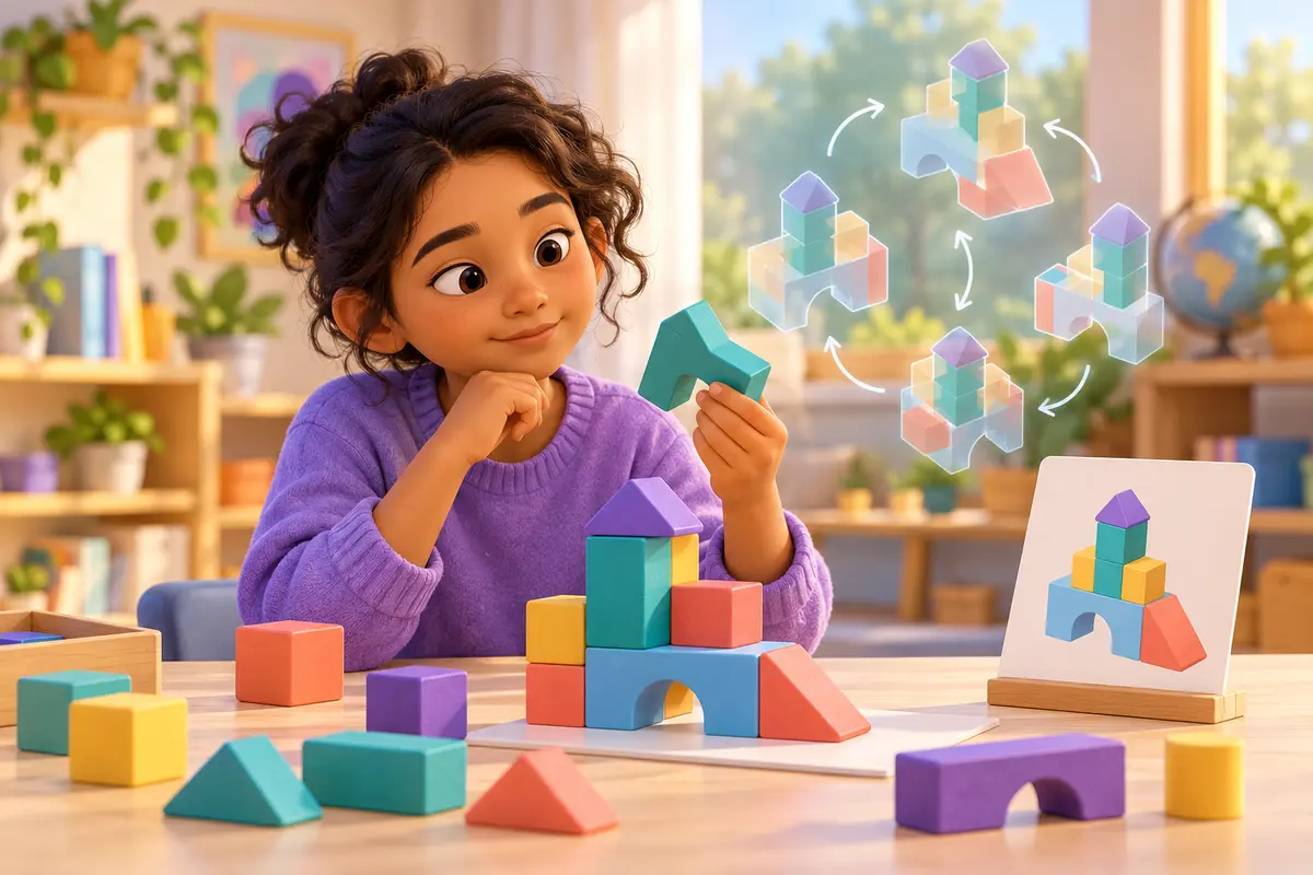 A child studies rotated views of a colorful block structure while holding a geometric piece.