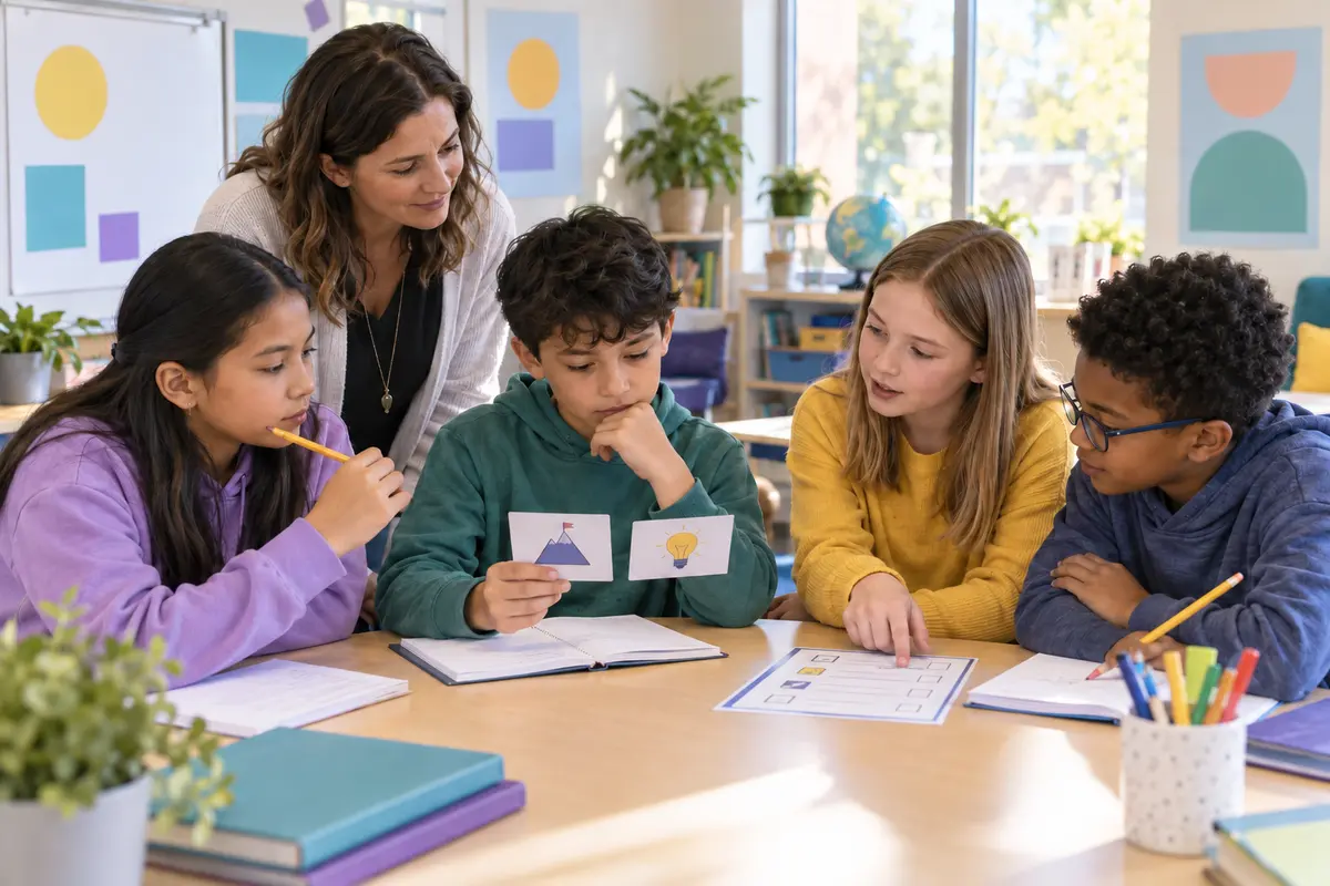 A teacher and four upper-elementary students use picture cards and a simple checklist to pause, choose a strategy, and plan their next step.