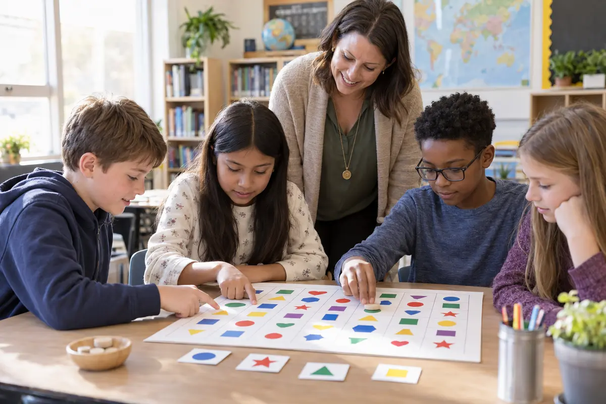 A teacher watches as four upper-elementary students use a color-and-shape grid for a visual scanning activity in a sunlit classroom.