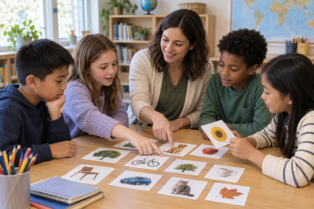 A teacher and four elementary students discuss and sort picture cards during a classroom vocabulary game in natural window light.