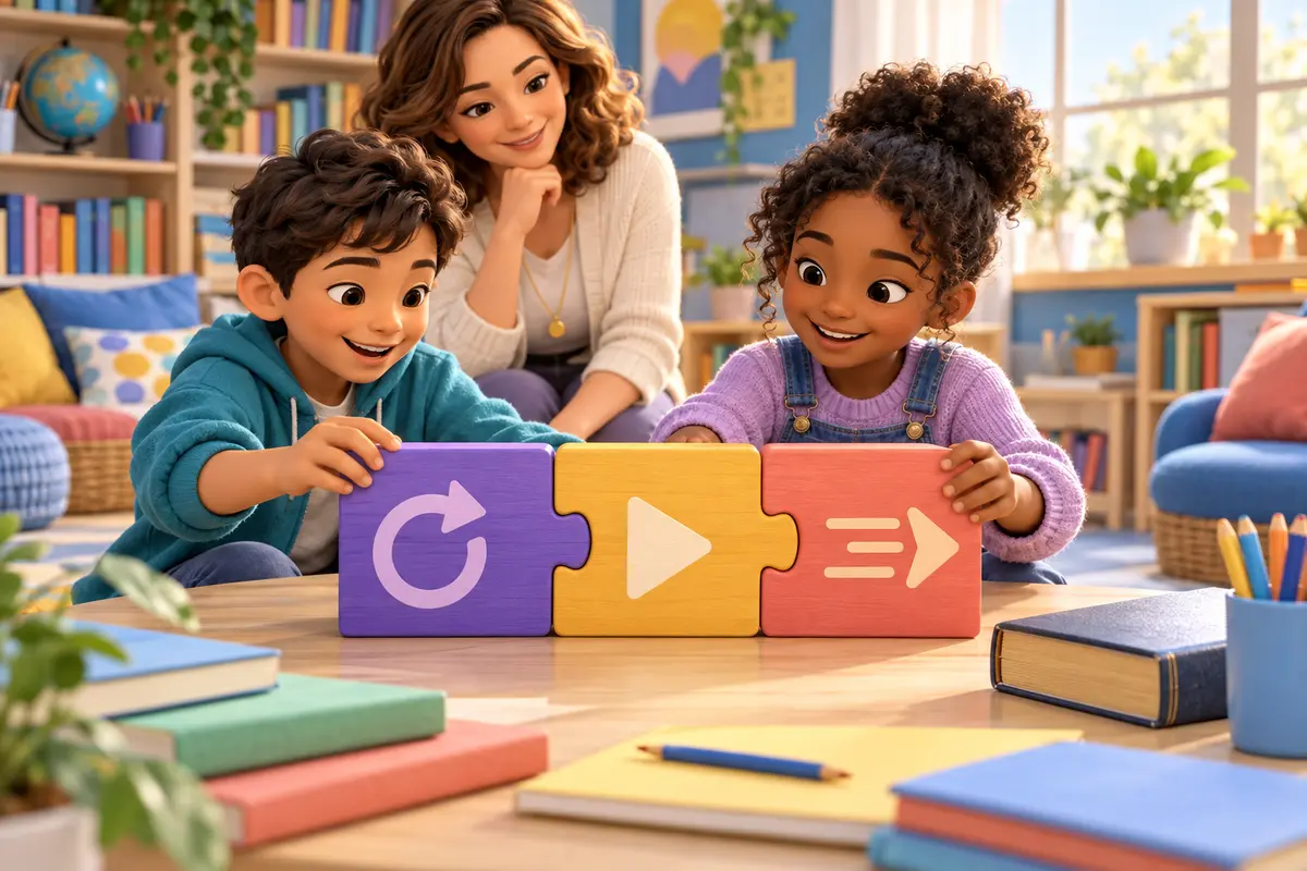 Two children connect three colored wooden puzzle blocks that represent a prefix, base word, and suffix.