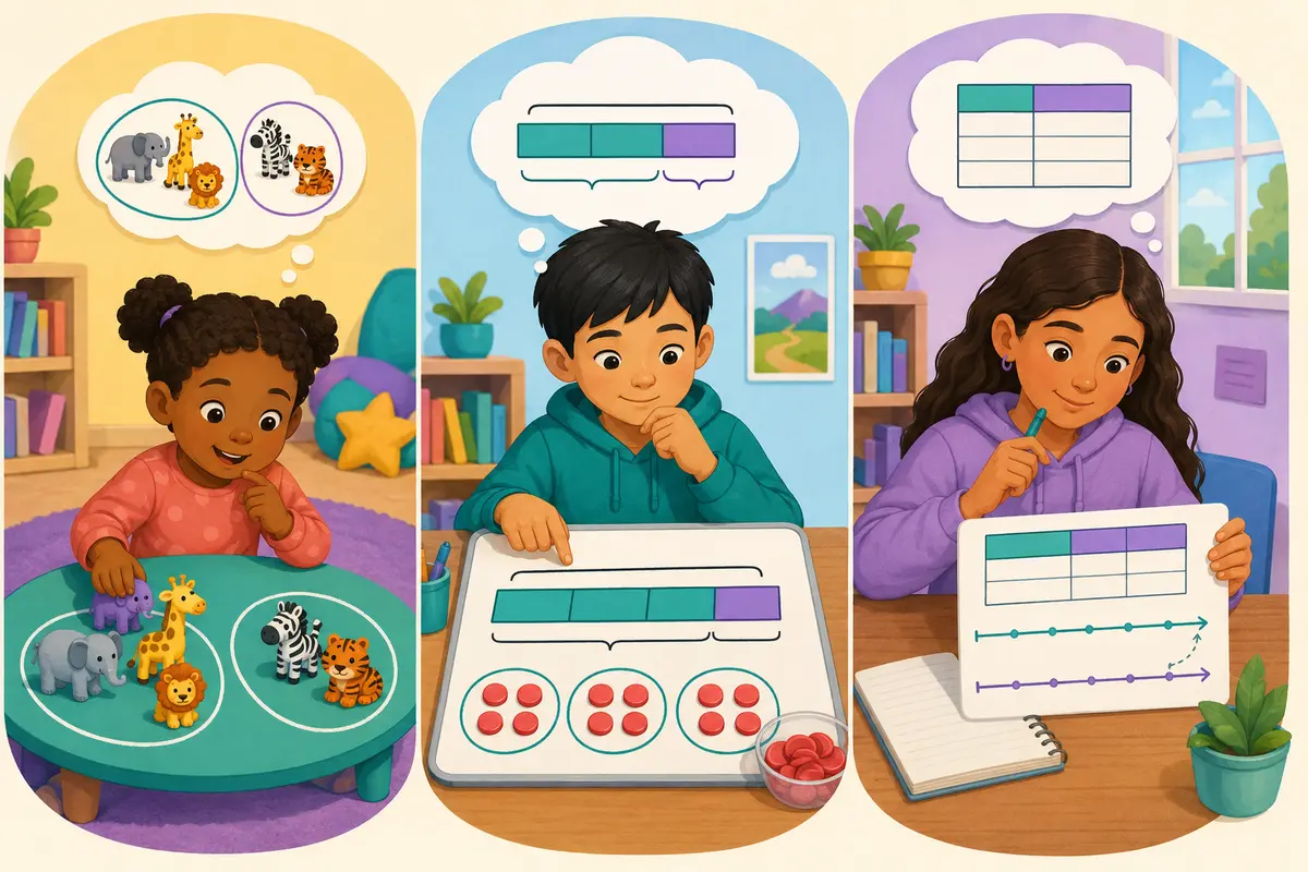 Three learners represent word problems with grouped toy animals, equal groups and a bar model, and a table with parallel number lines.
