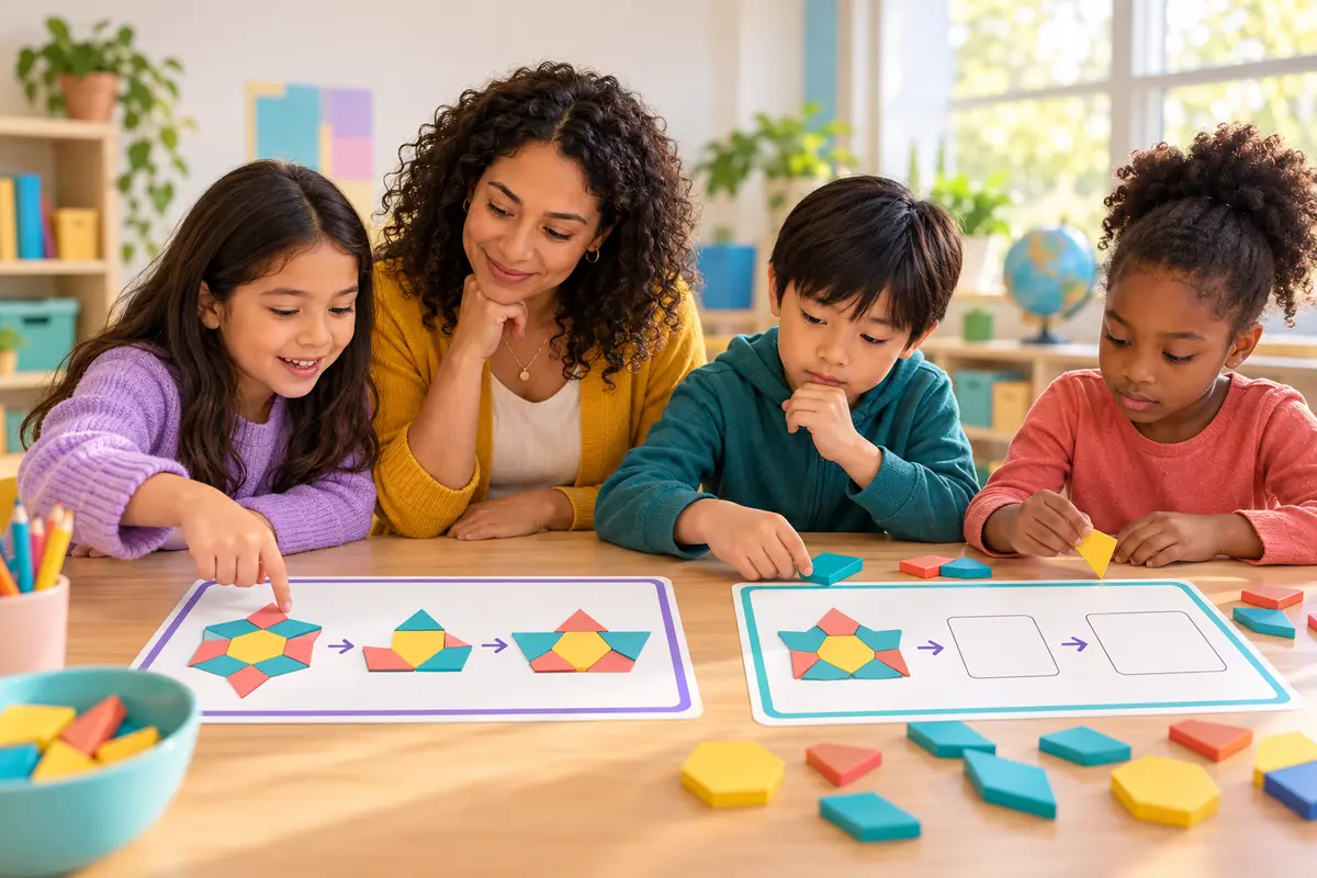A teacher and three children compare a completed geometric-tile example with a similar unfinished problem at a classroom table.