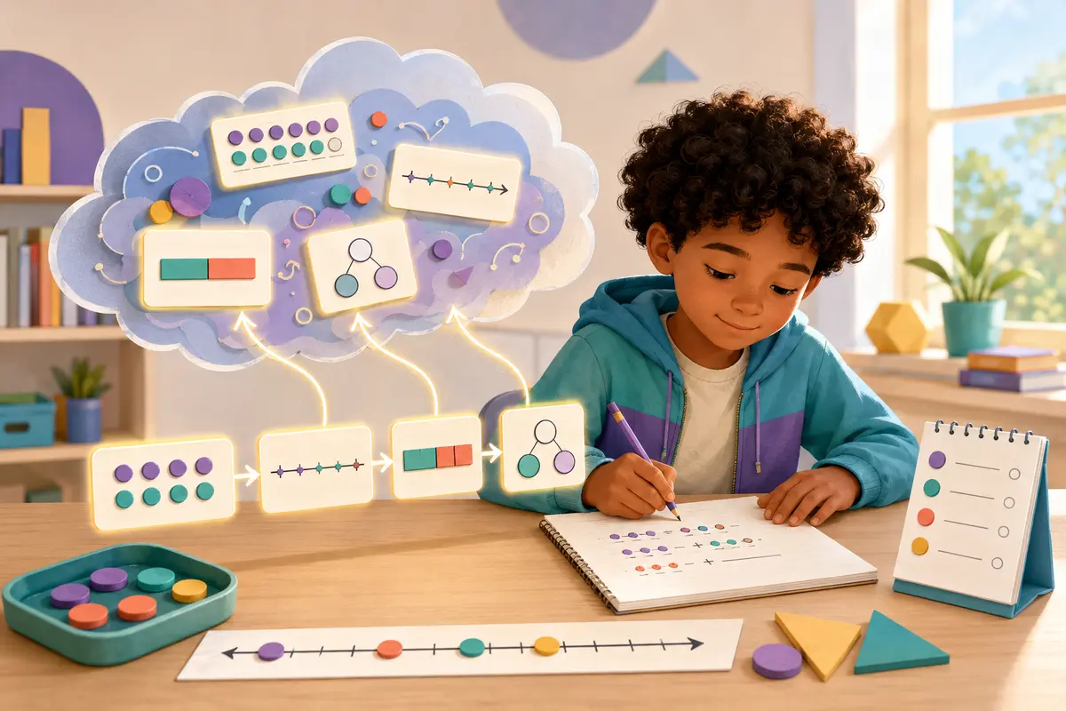 A child solving a multi-step math problem with a number line, counters, and visible step cards.