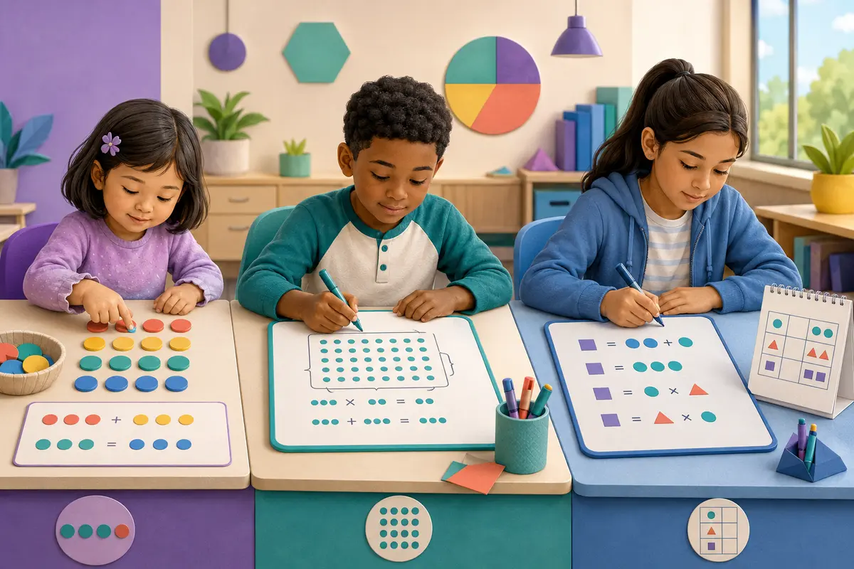 Three learners using age-appropriate visual math supports: counters, an array, and written equations.