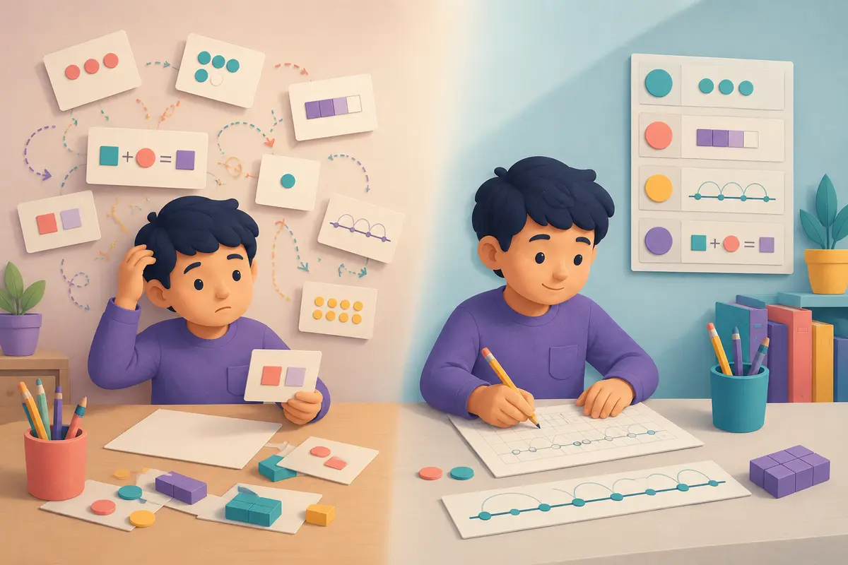 A comparison between an overloaded math task and an organized task with visible steps and scratch space.