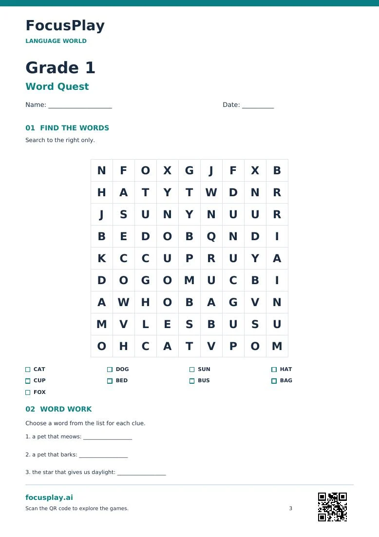 K–8 Word Search Worksheets with Answer Keys