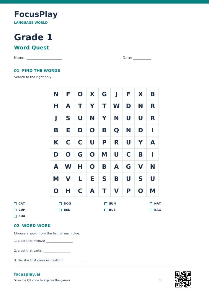 Grade 1 Word Search Worksheet