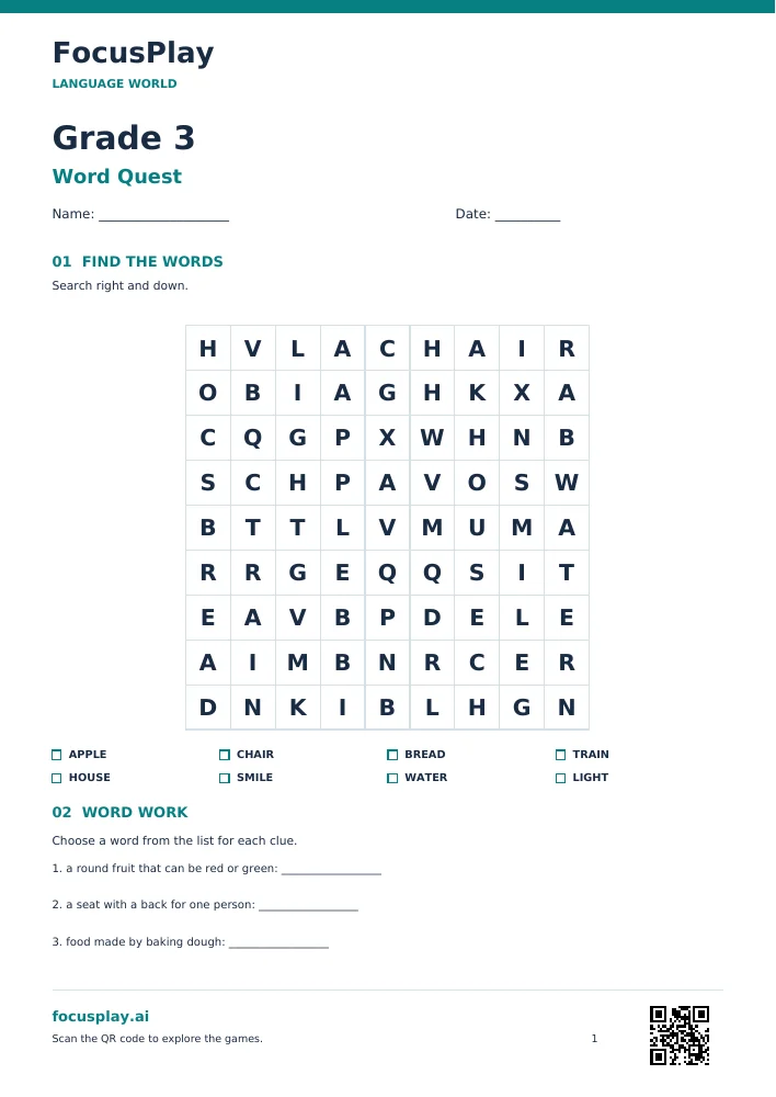 Grade 3 Word Search Worksheet