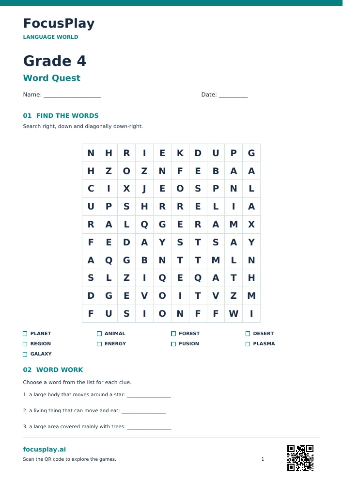 Grade 4 Word Search Worksheet